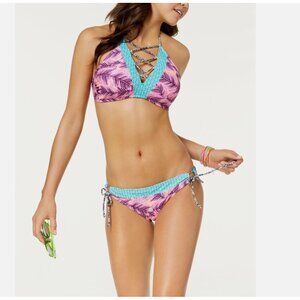 NWT Hula Honey Swimsuit Bikini 2 piece set Sz L High Neck Tie Side